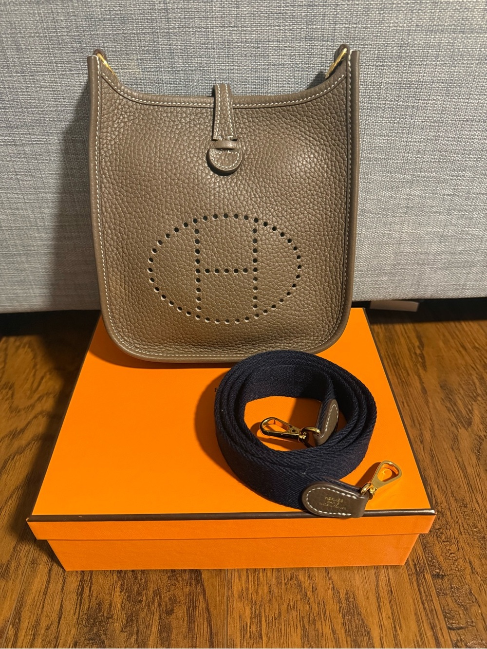 Hermes Etoupe Evelyne Mini Crossbody with Navy Strap
